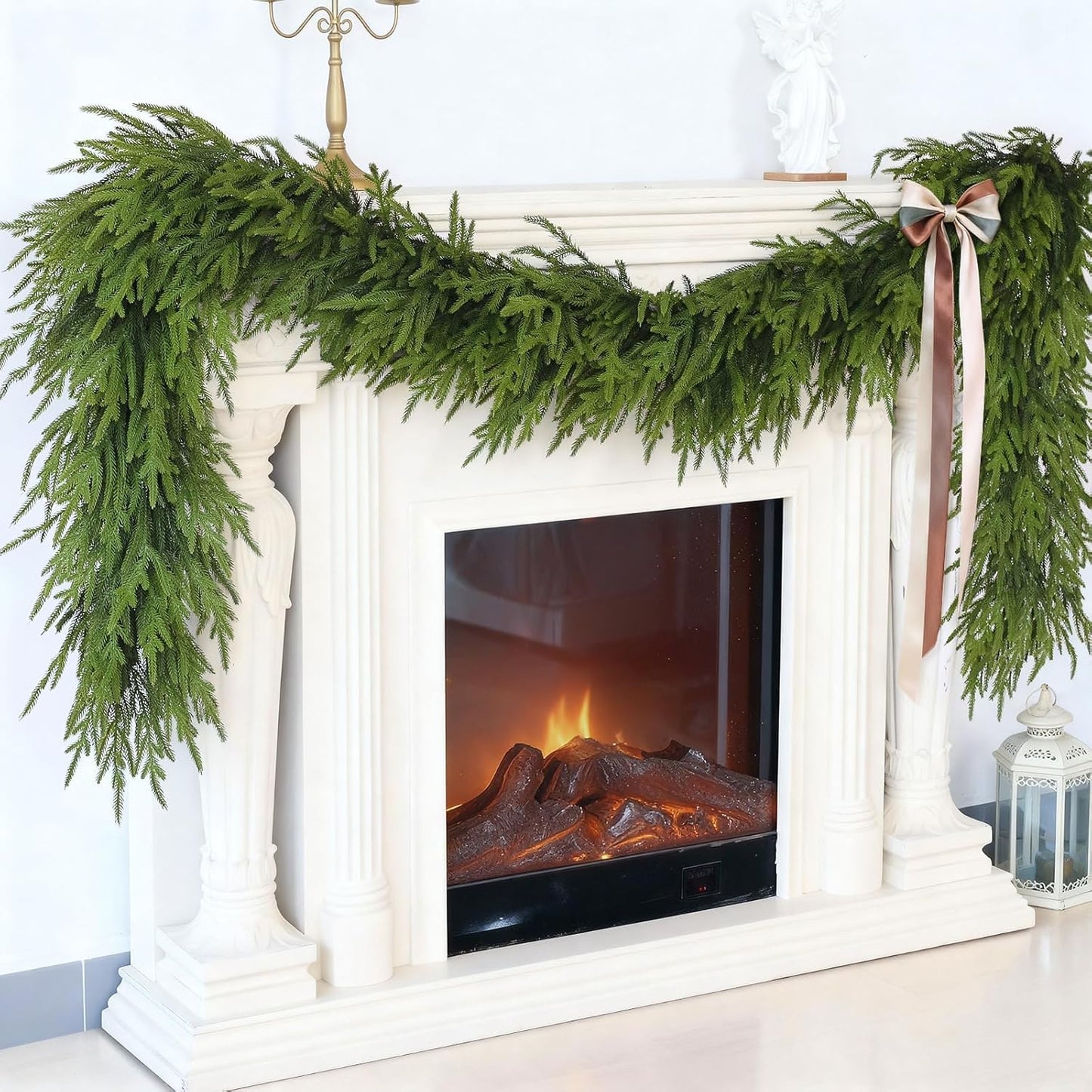 9FT Christmas Artificial Norfolk Pine Garland for Fireplace - Realistic Faux Greenery Fake Garland for Holiday,Table, Window,Mantel,Stairs, Home,Indoor Outdoor Decor (2PCS)