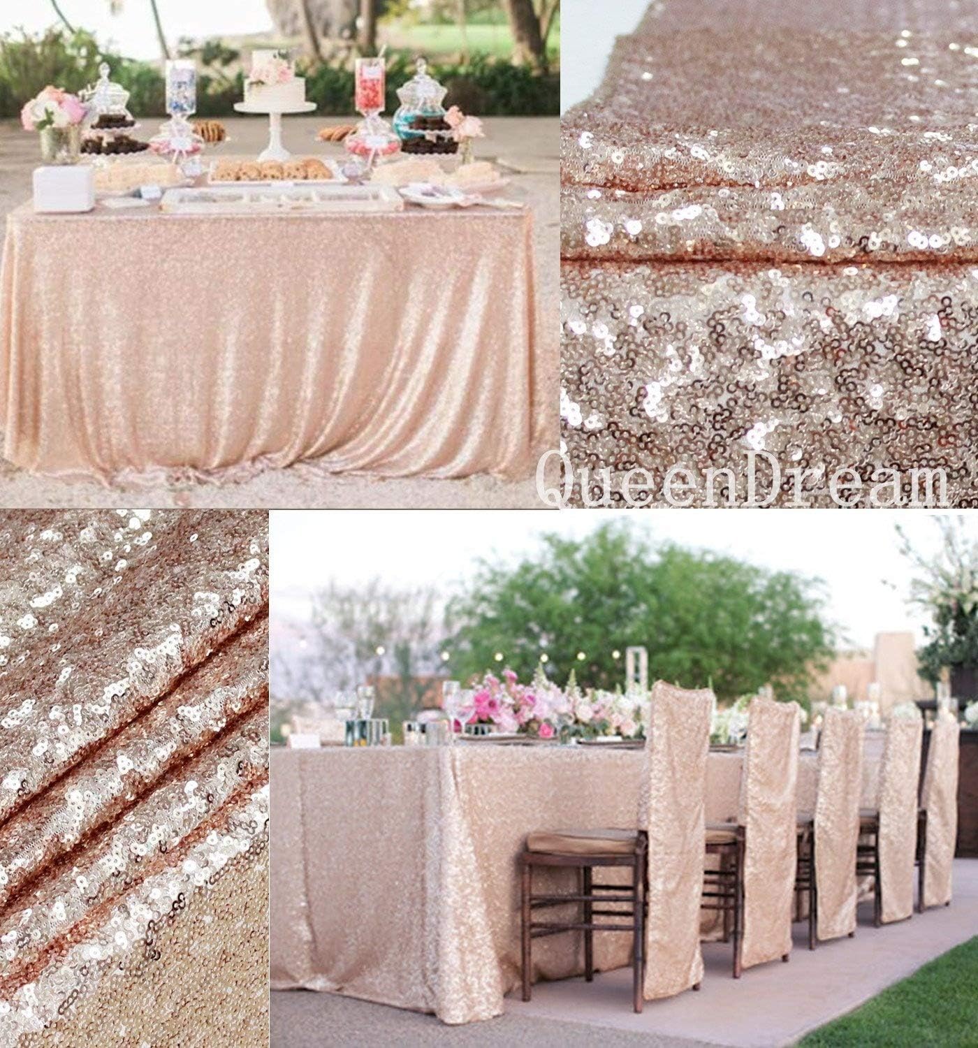 QueenDream Sequin Tablecloth 90"x132" Champagne Blush Party Tablecloth Rectangular Seamless Sequin Table Cloth Glitter Wedding Birthday Bridal Shower Decorations