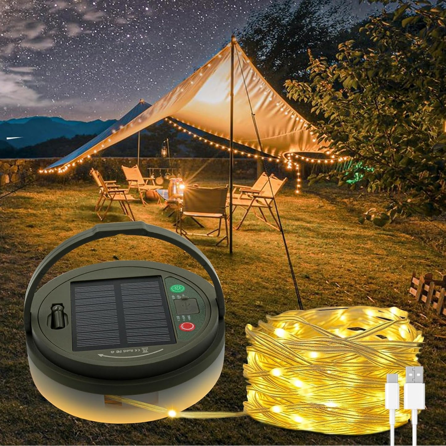 Solar Camping String Lights, 32.8FT Fairy String Lights 130LEDs, 4 In 1 Portable Waterproof Camp Lamp with 8 Mode, Hanging Rechargeable Tent Lantern for Awning Garden Yard Party Christmas Decorations