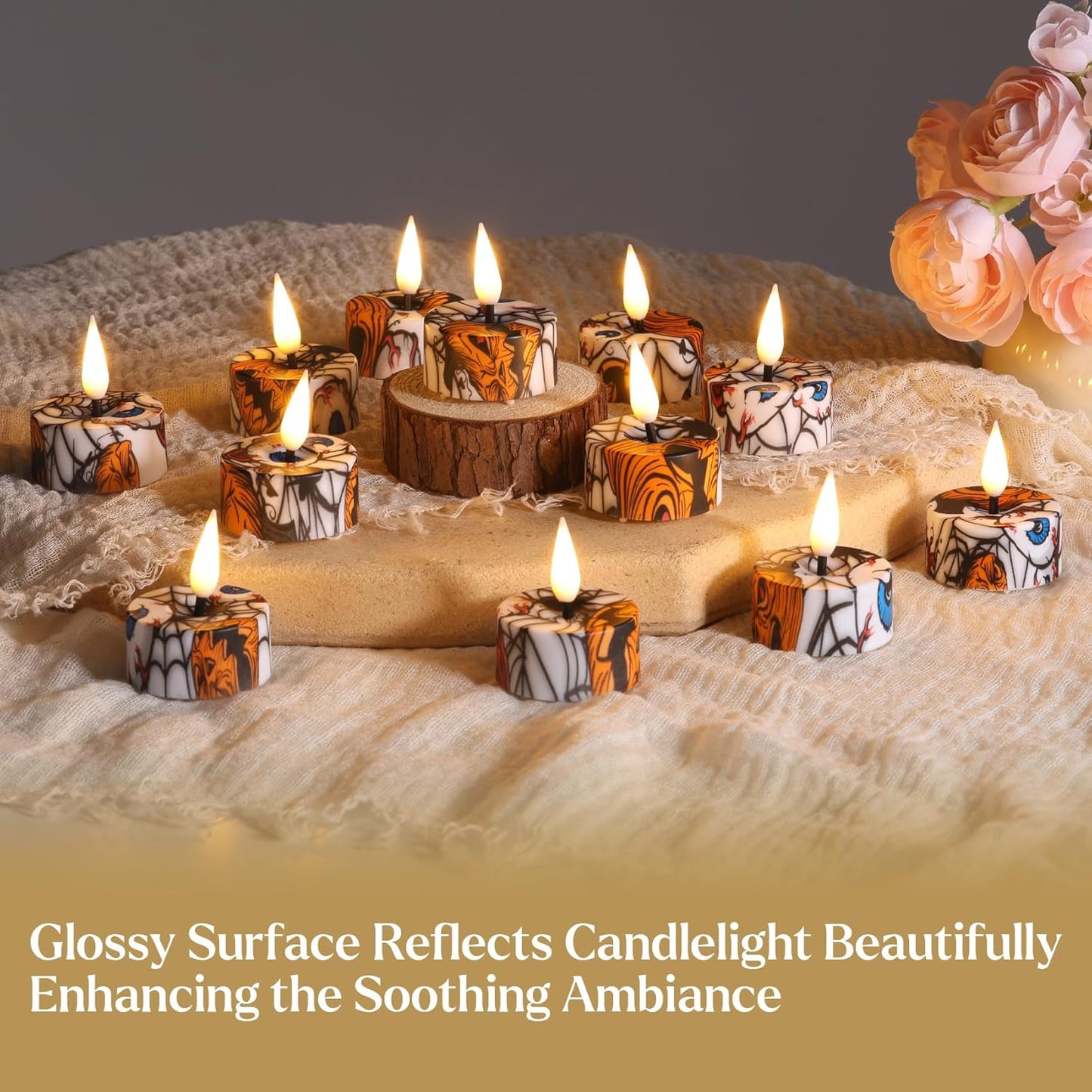 Eywamage Halloween Flameless Tealights with Remote, Spooky Spider Pumpkin Battery LED Tea Votive Candles Set of 12