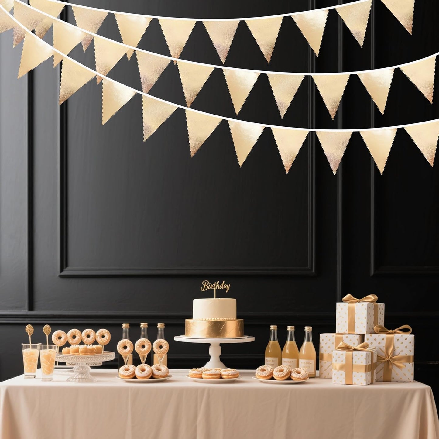 Champagne Gold Party Decoration Metallic Fabric Triangle Pennant Banner Flag Bunting Garland for Birthday Engagement Bridal Shower Wedding Anniversary Graduation Bachelorette Party Decoration Supplies