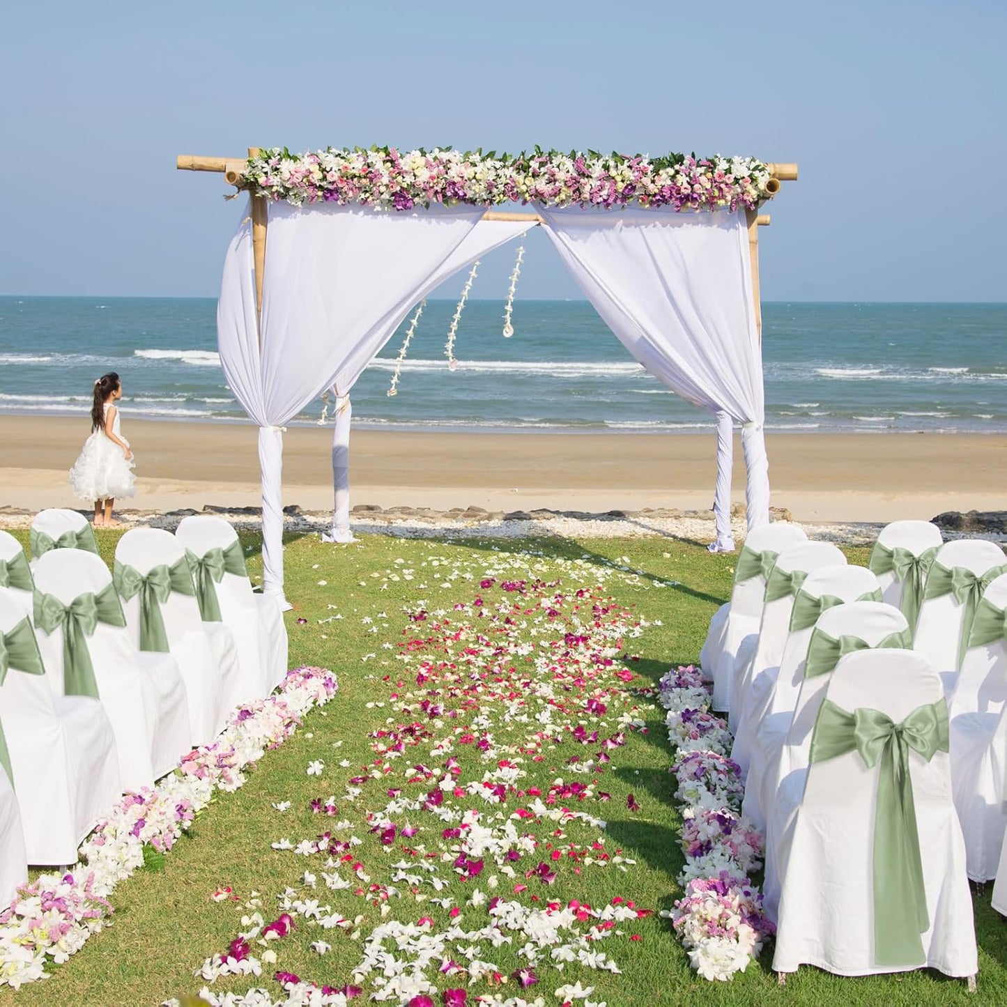 10 PCS Sage Green Satin Chair Sashes Bows Universal Chair Ribbon Ties Back Sash for Wedding Party Reception Events Banquets Hotel Event Chair Cover Decoration (7x108 inch)