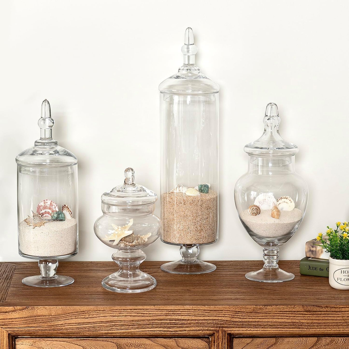 MyGift 4 Piece Set Clear Glass Apothecary Jars with Lids, Bathroom Decor, Candy Buffet, Wedding Centerpiece Decorative Jar