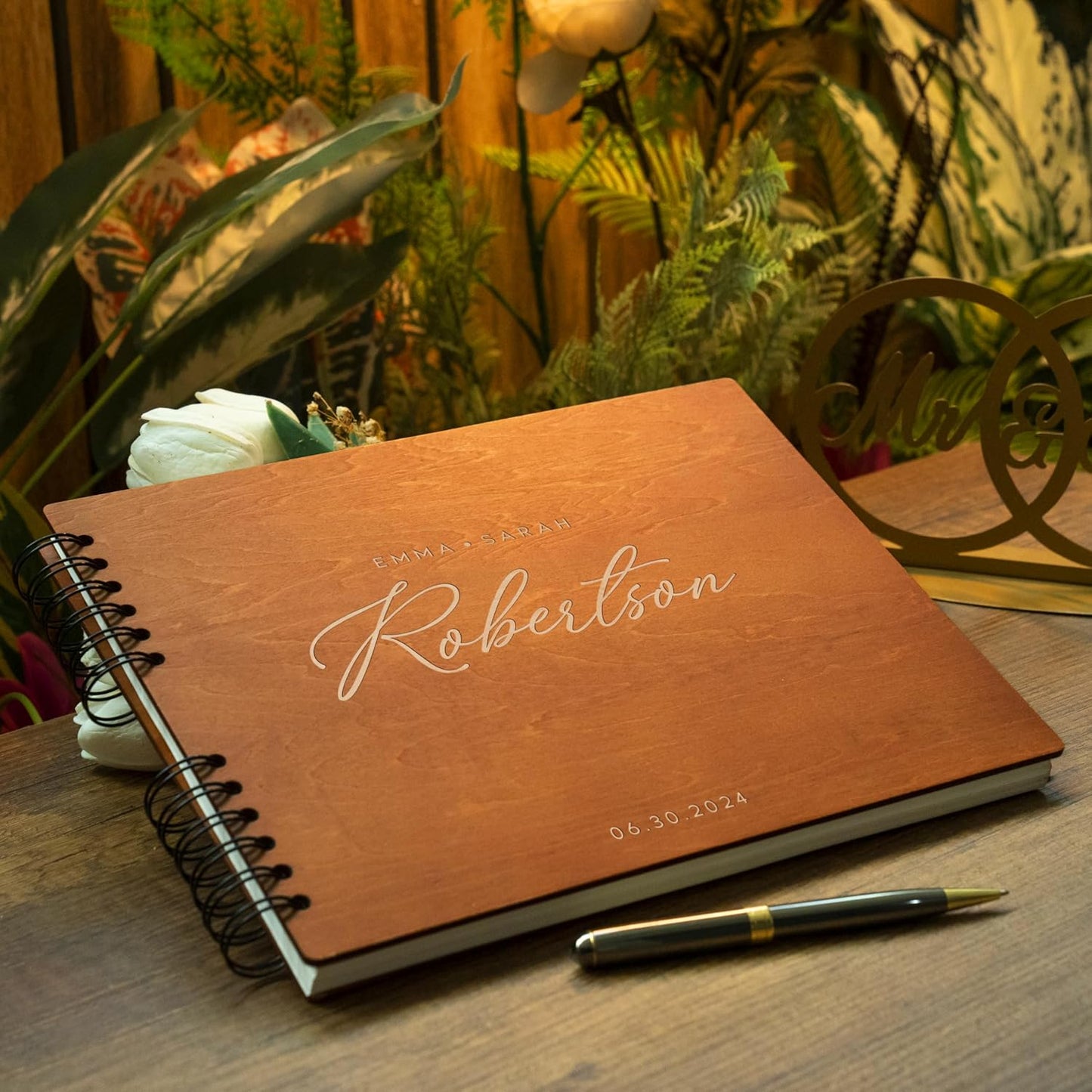 Personalized Wood Wedding Guest Book - 5 Colors/Finishings, 2 Sizes, 12 Designs - Wood Wedding Decorations, Guest Book Signs for Wedding Reception (DESIGN 7)