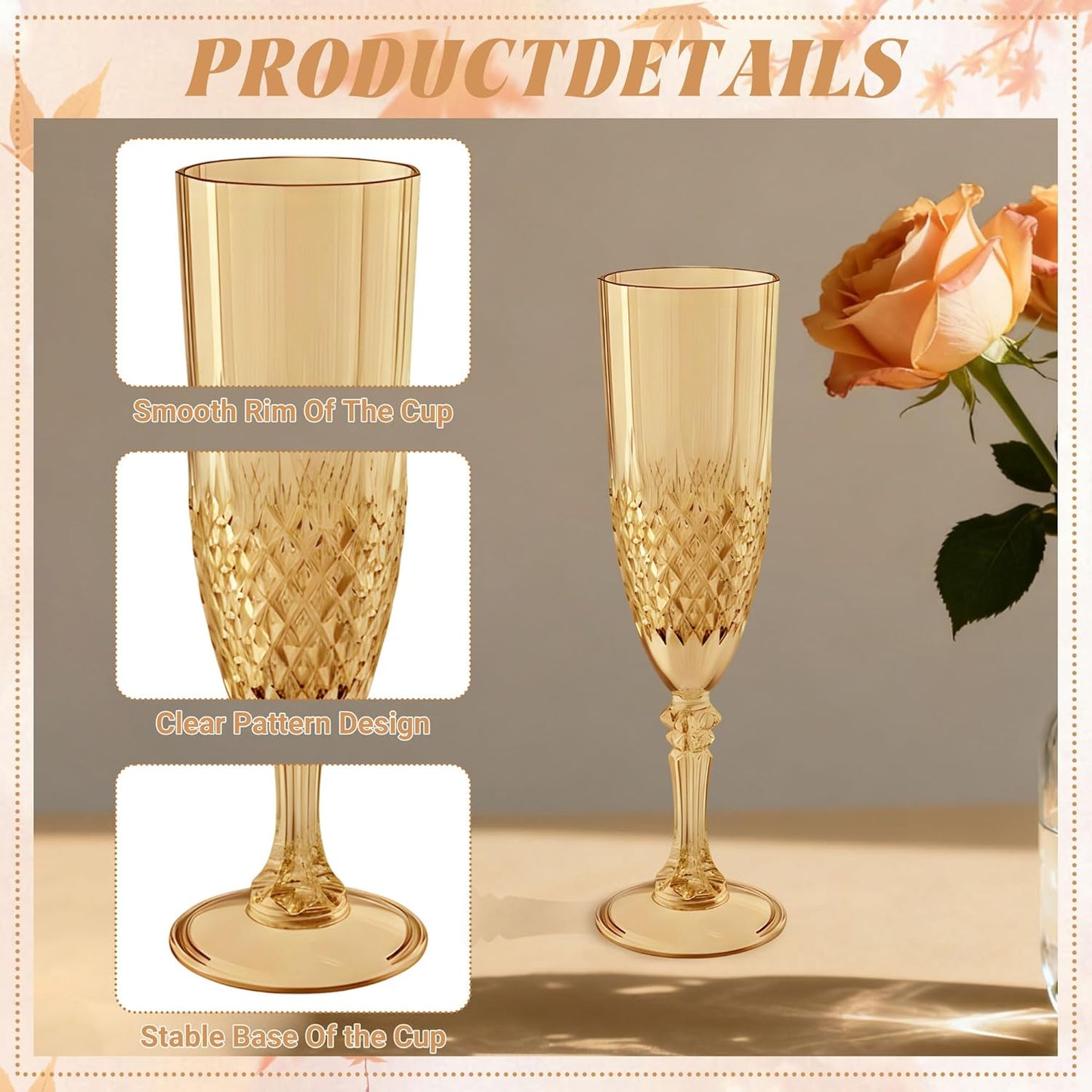 Plastic Champagne Flutes, 48PCS Gold Wine Glasses Goblets Cups Reusable Flute, for Weddings Bachelor Parties Toasting and Events(48, Gold)