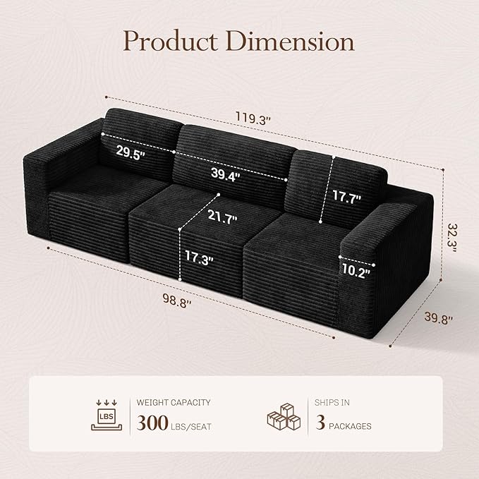 Vesgantti 119" Modular Sectional Sofa, Corduroy Cloud Couch - Image 2