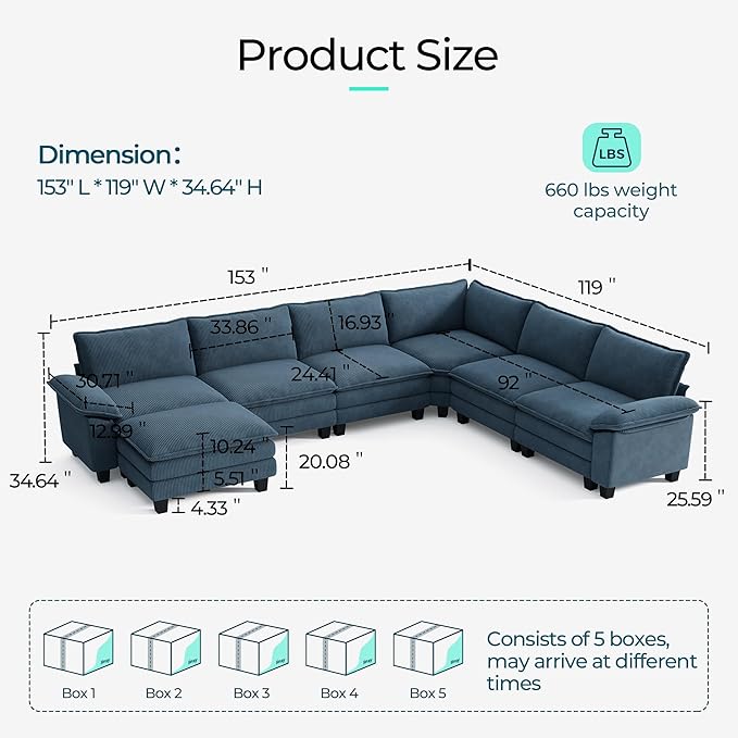 LINSY HOME Modular Sectional Sofa, 6-Seat Corduroy Modern Cloud Couch - Image 2
