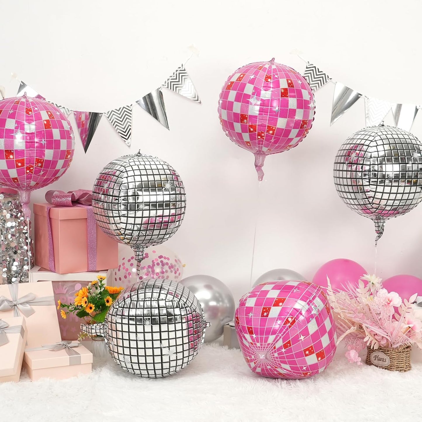 Disco Ball Balloons Pink Silver 4PC,Foil Disco Balloons 22 Inch 4D Round Pink Silver Balloon for 70s 80s Birthday Bachelorette Graduation Decorations