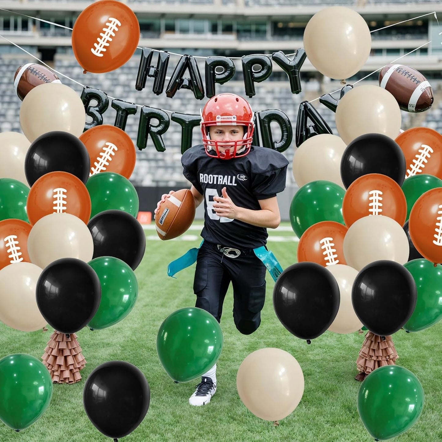 Football Balloons, 12 Inch Dark Green Black White Sand with Brown Printed Sports Latex Balloon for Kids Boys Game Football Sport Themed Birthday Party Decor Baby Shower Decorations Supplies