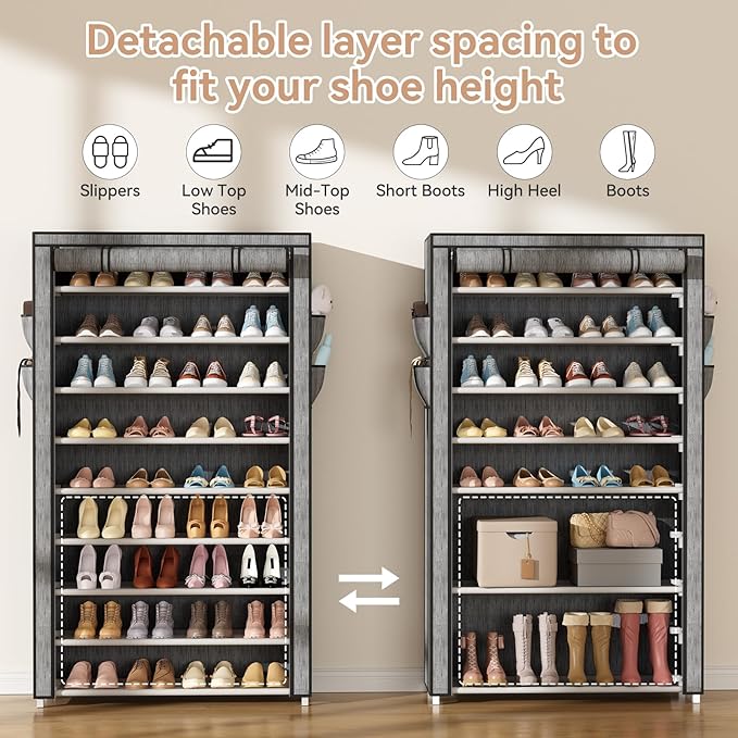 LANTEFUL Shoe Rack with Covers 10 Tier Tall Shoe Rack Organizer Large Capacity - Image 6