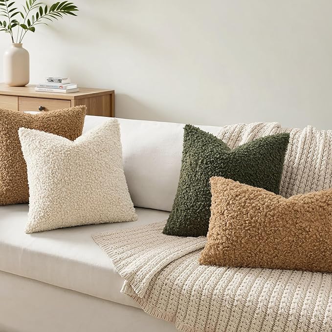 Faux Fur Throw Pillow Covers 20x12 Inch Set of 2 Boucle Neutral Decorative - Image 2
