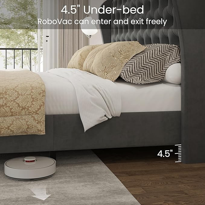LARMACE Queen Size Bed Frame Velvet Upholstered Platform Bed - Image 6