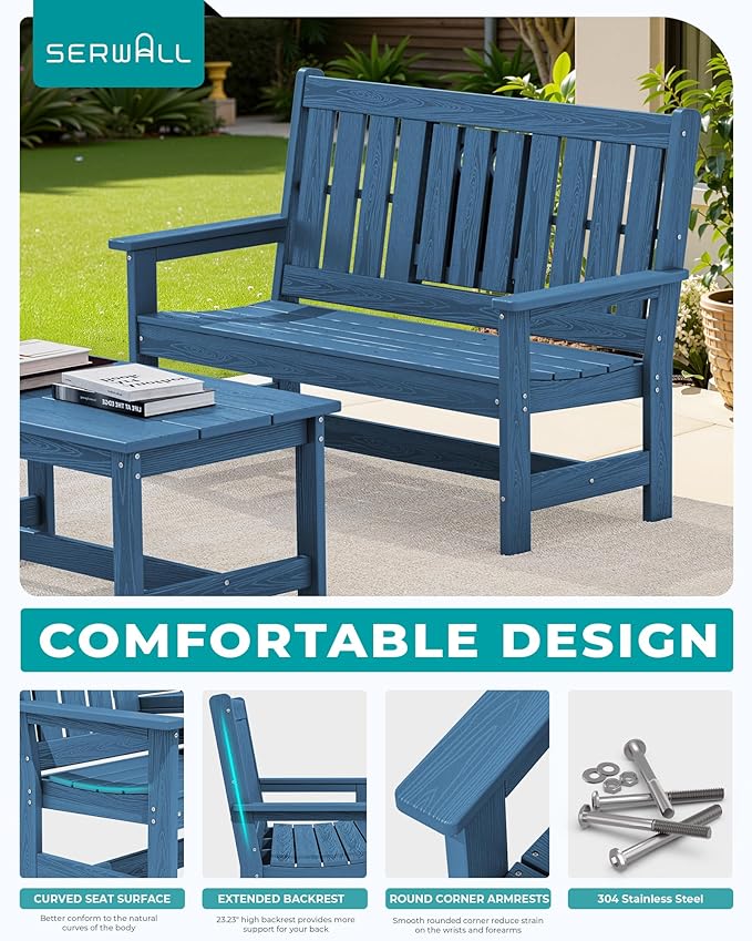 SERWALL Outdoor Bench with Cup Holder, Oversized 58" HDPE Porch Bench Suitable - Image 6