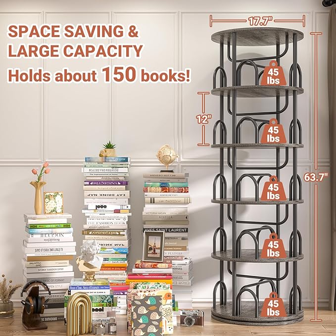 Aheaplus 5 Tier Rotating Bookshelf Tower, 360 Display Spinning Bookcase - Image 2
