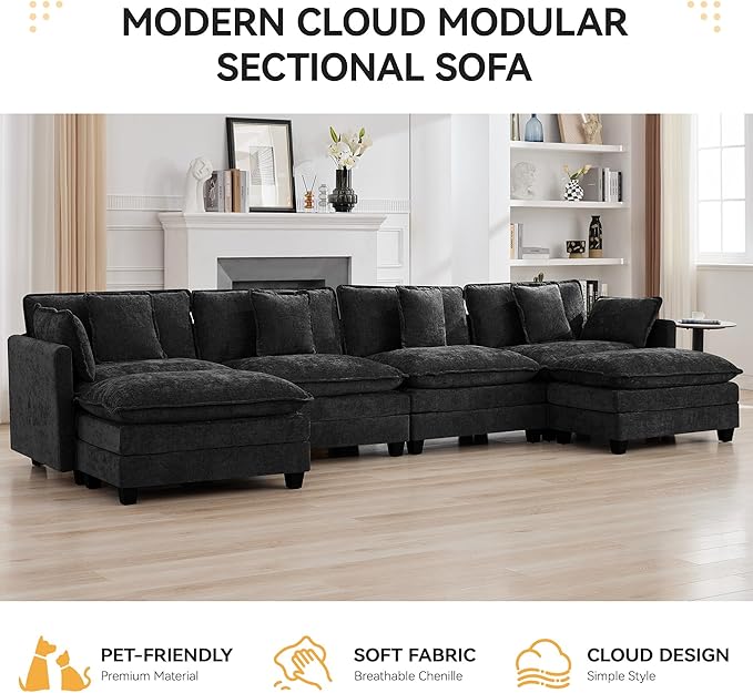 147'' Modualr Sectional Cloud Deep Seat Couch, Oversized Chenille U Shaped - Image 7