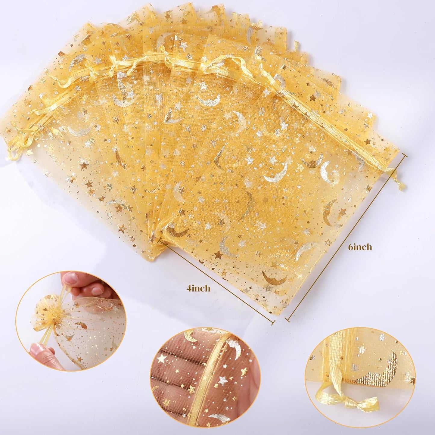 Hopttreely 100 Pieces Moon Star Organza Jewelry Candy Bags, 4x6 Inch Gold Organza Pouch Small Gift Bags with Drawstring for Christmas Party Favors Wedding Valentine's Day Eid Mubarak Party Favor Bags