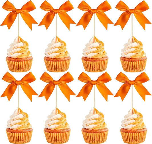 Gyufise 24Pcs Bow Cupcake Toppers Coquette Bow Girls Birthday Cake Decorations Bowknot Cake Toppers Bowknot Cupcake Picks for Baby Shower Birthday Wedding Bridal Engagement Party Supplies Orange