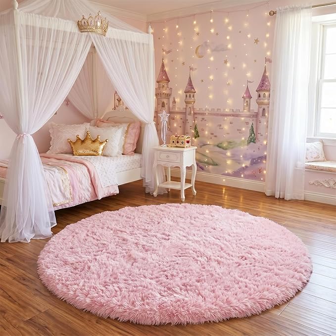 Pink Fluffy Round Rug 5Ft for Girls Bedroom Decor Aesthetic, Shaggy Circle Area - Image 9
