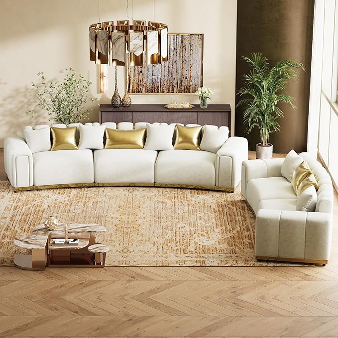 Oversized Luxury Chesterfield Sofa Set Velvet Beige and Gold Couch - Image 9