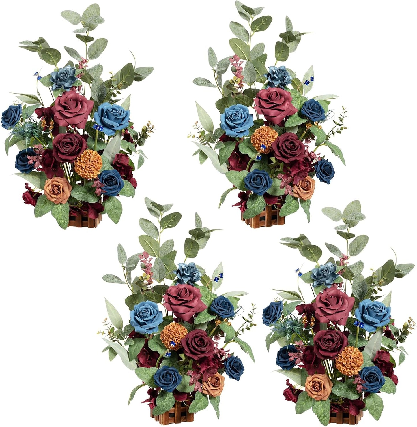 Ling's Moment 17.5" Tall Standing Artificial Flowers Arrangements 4pcs Fall Wedding Aisle Runner Chair Decorations Burgundy & Navy Blue Centerpieces for Ceremony Reception Rose Floral Party Outdoor