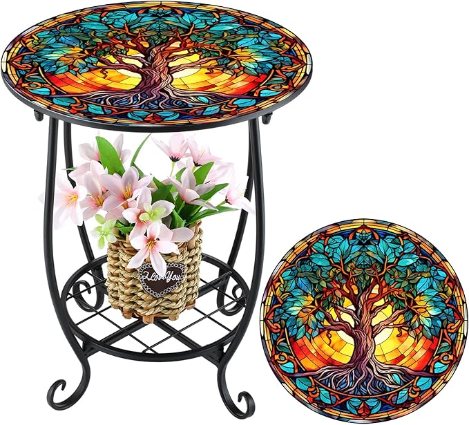 Cinnvoice Outdoor Side Table Round Small Mosaic Patio Accent Indoor End Plant by Cinnvoice
