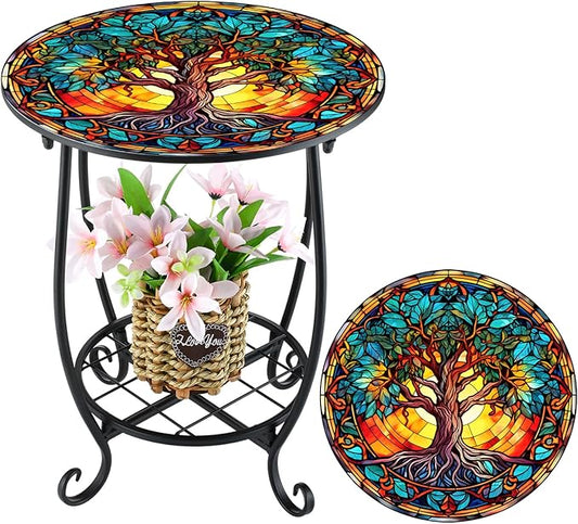 Cinnvoice Outdoor Side Table Round Small Mosaic Patio Accent Indoor End Plant by Cinnvoice