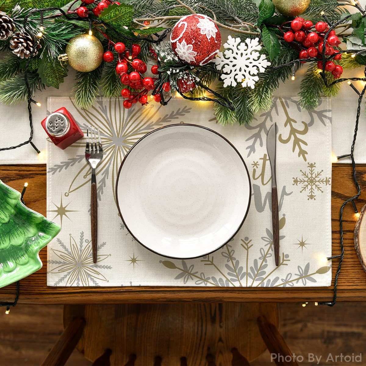 Artoid Mode Beige Snowflake Let It Snow Winter Placemats Set of 4, 12x18 Inch Seasonal Christmas Table Mats for Party Kitchen Dining Decoration