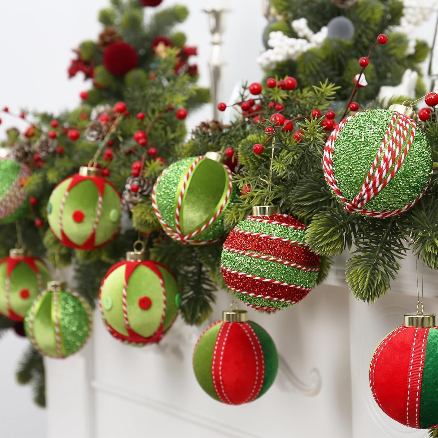 SY Super Bang Red Green Christmas Ball Ornaments, 15PCS Shatterproof Velvet Ornaments Set for Christmas Tree Hanging Decorations, for Holiday Party Xmas Decor - 80MM/3.14".