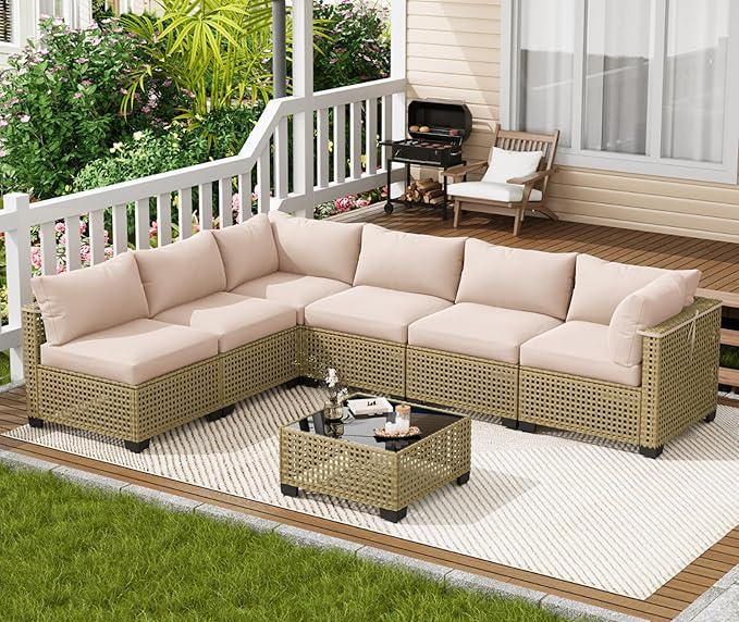 LOUVIXA 7 Piece Outdoor Patio Furniture Set, Outdoor Sectional Sofa, Wicker - Image 8