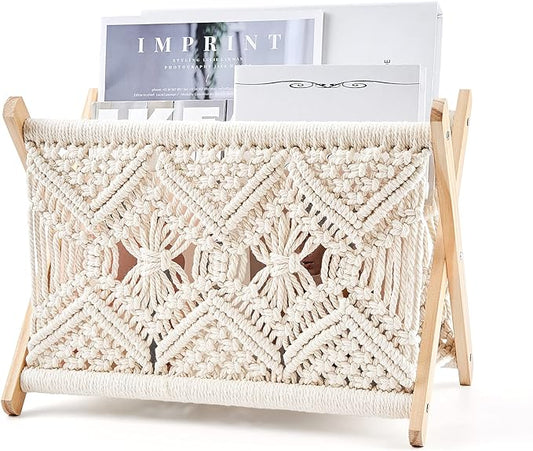 Mkono Macrame Magazine Rack Boho Storage Holder Standing Basket by Mkono