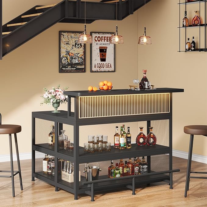 L-Shaped Home Bar Unit with Wine Glasses Holder and LED Light, Modern Bar Table - Image 5