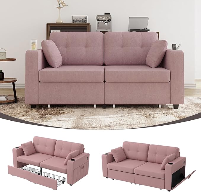 67" Small Loveseat Couch with Storage, USB Charging and Cup Holder, Space by Firscook