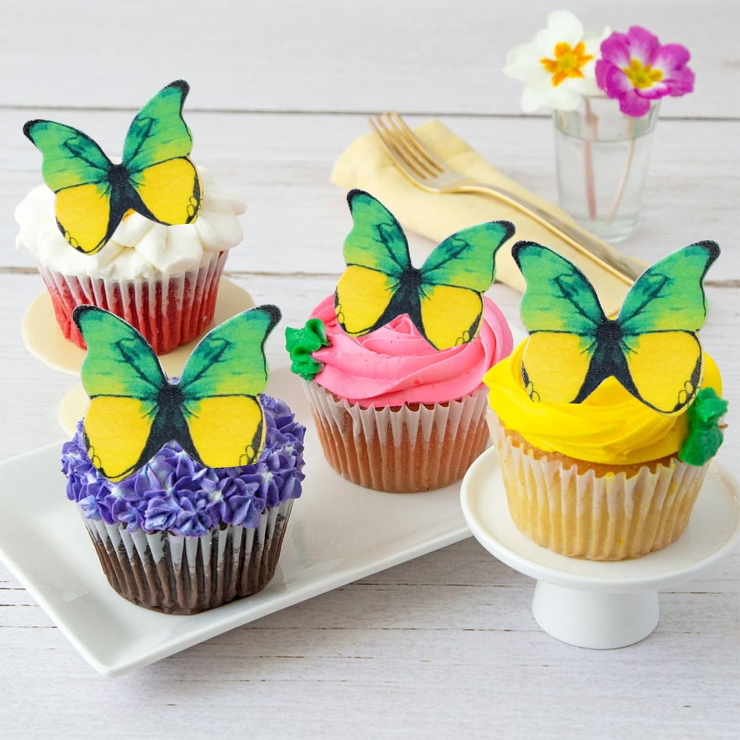 Ephlyn 48Pcs Edible 3D Cute Butterfly Cupcake Toppers for Baby Shower, Bridal Shower, Boys Girls Birthday Party Cake Decorations Supplies - Yellow, Green