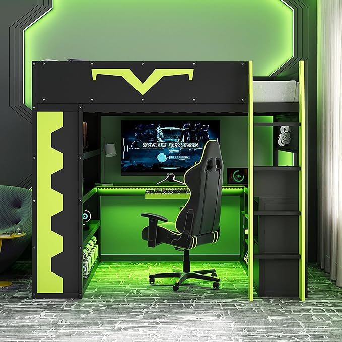 Full Size Gaming Loft Bed with Integrated Desk & RGB LED Lights, Pro-Gamer Bunk by Bekeknlny