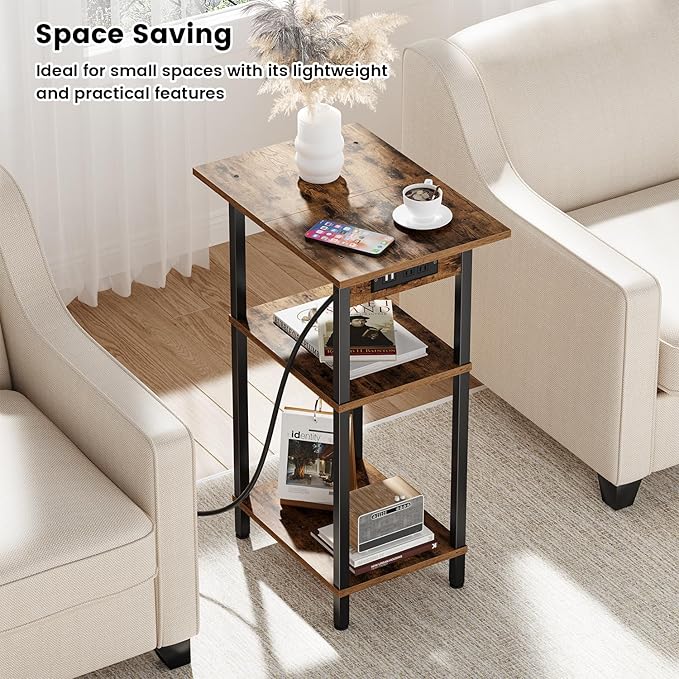Asgolion Tall End Table with Charging Station, Skinny Nightstand with USB Ports - Image 4