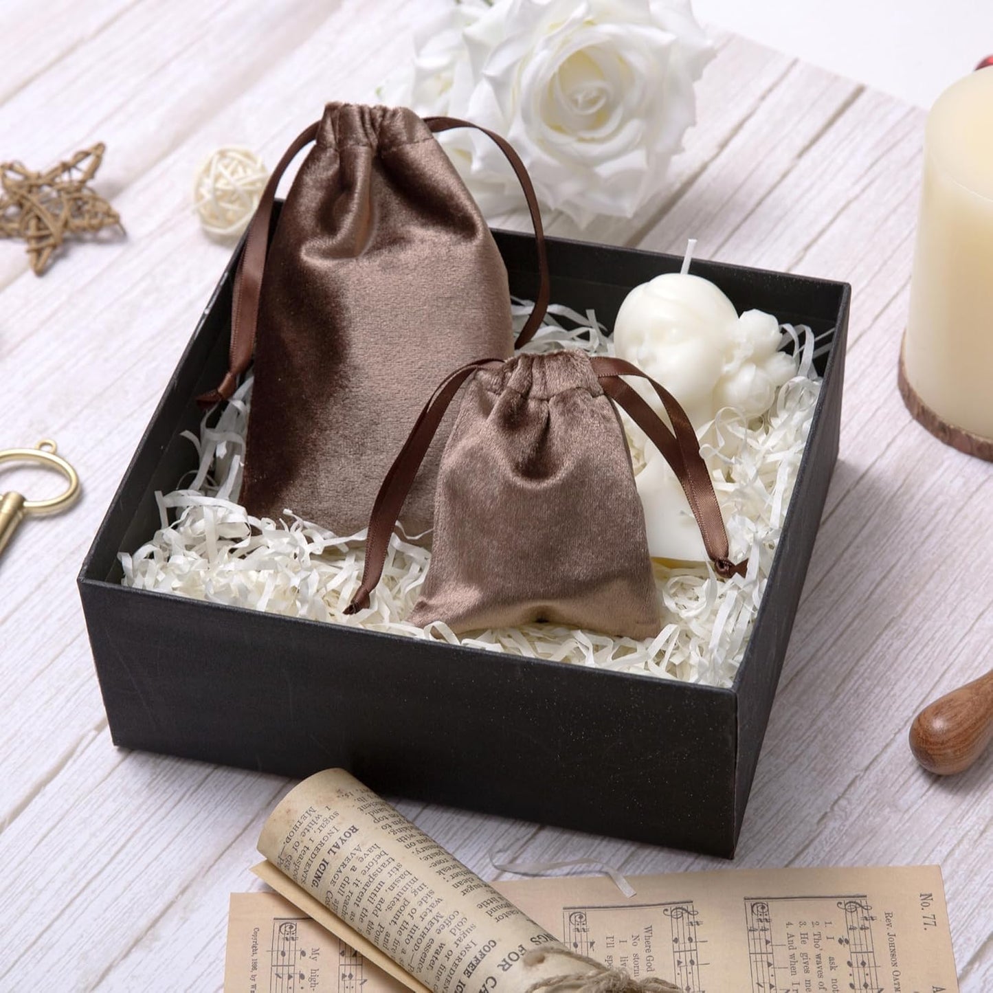 QIANF 12pcs Brown Velvet Drawstring Bags 3x4 inches Glossy Small Velvet Cloth Gift Bags Jewelry Pouches for Storage Wedding Party Favor Christmas