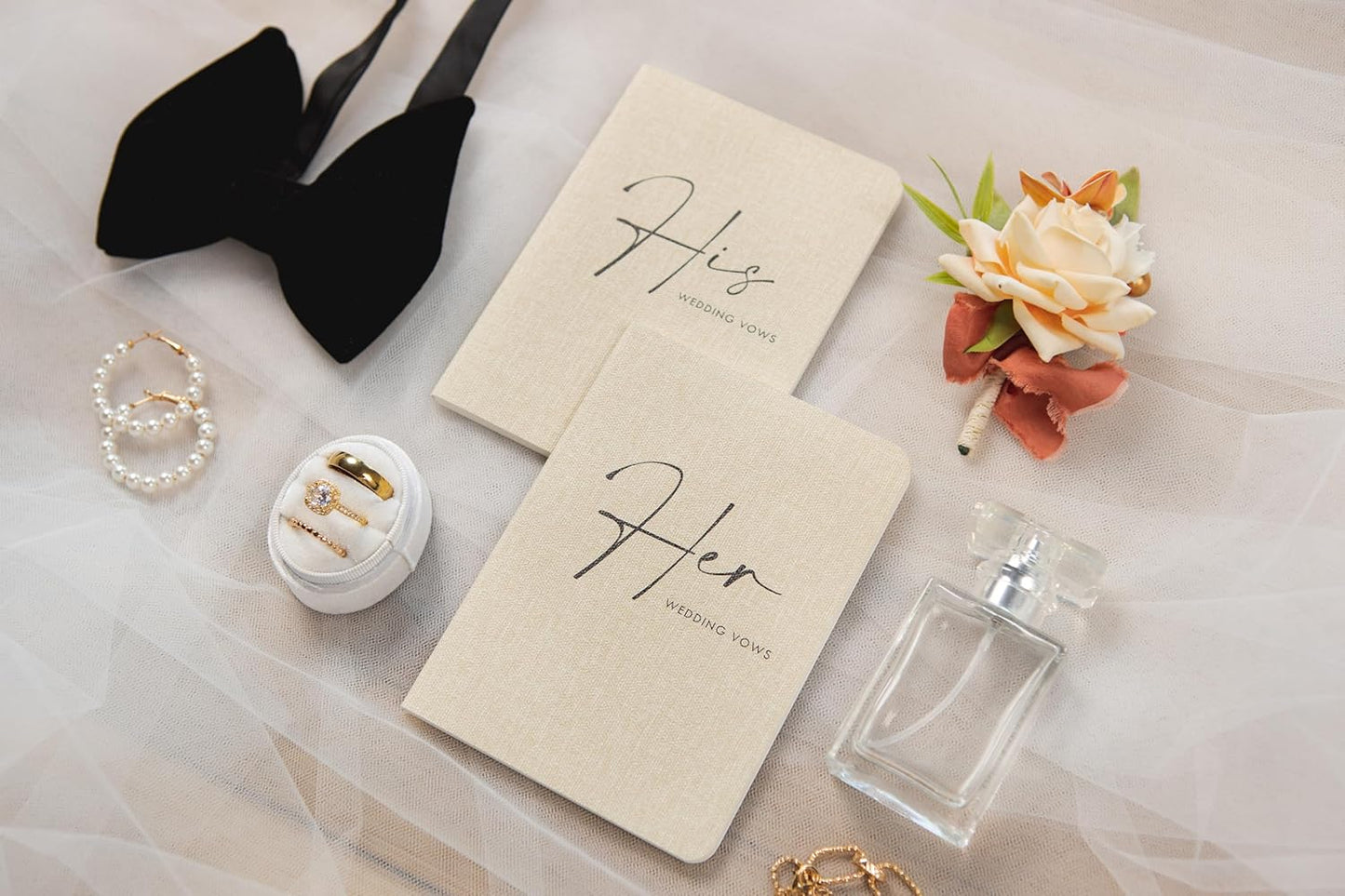 Slim Vow Books (Set of 2 - Design 4) - Soft Cream Canvas Linen Textured Cover Wedding Vow Booklets, Ceremony Speech Promise Notebook Journal, Gift for Newly Engaged Couple, 48 Lined Pages, 5.75" x 4"