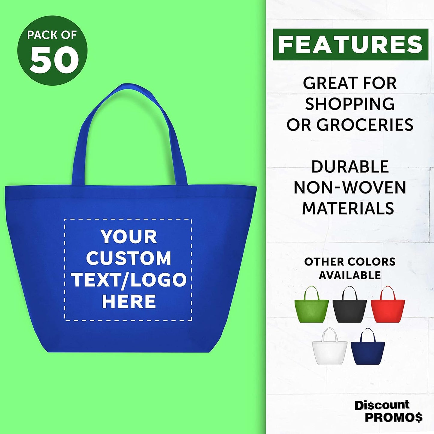 DISCOUNT PROMOS Custom Southern Style Grocery Tote Bags Set of 50 - Personalized Bulk Pack, Reusable Grocery & Shopping Bags - Great for Travel, Carry on Bag, Business Promotions - Blue - 20"X13"X8"