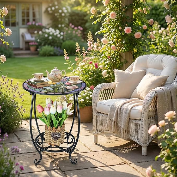 Cinnvoice Outdoor Side Table Round Small Mosaic Patio Accent Indoor End Plant - Image 2