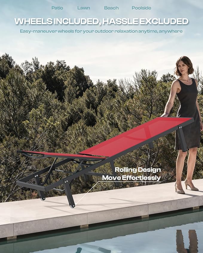Lounge Chair Outdoor with Wheels, Aluminum Patio Chaise Lounge Chair with 5 - Image 3