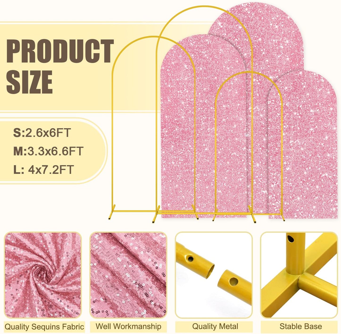 MODFUNS Metal Arch Backdrop Stand and Cover Set 6&6.6&7.2ft Pink Gold Sequins Arch Backdrop Covers Set of 3 Arched Stands Chiara Arches Cover for Party Banquet Wedding Ceremony Decor