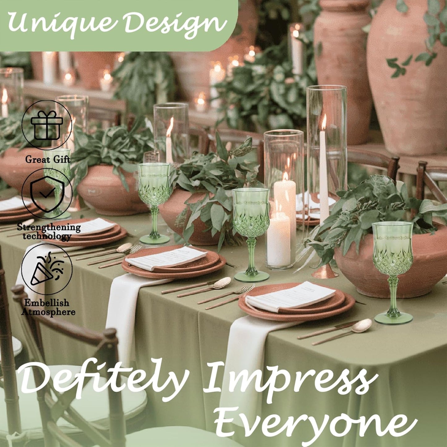 Plastic Wine Glasses，Plastic Goblets Vintage Style Cordial Drinking Glasses for Wedding Reception, Grand Event Party Supplies (24, New Green)