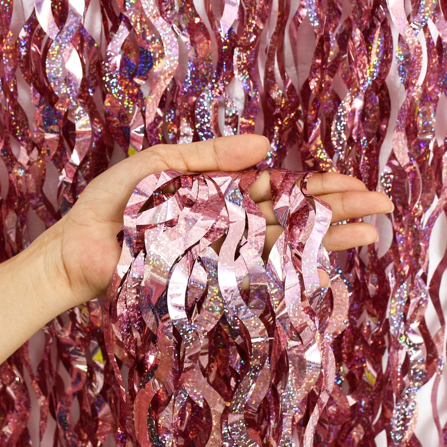 TONIFUL 3Pcs Wavy Metallic Tinsel Foil Fringe Curtains Rose Gold Streamer Backdrop for Photo Booth Props,Party Door Wall Curtain,Bachelorette,Birthday,Anniversary,Bridal Shower Decor (9.9ft x 6.6ft)