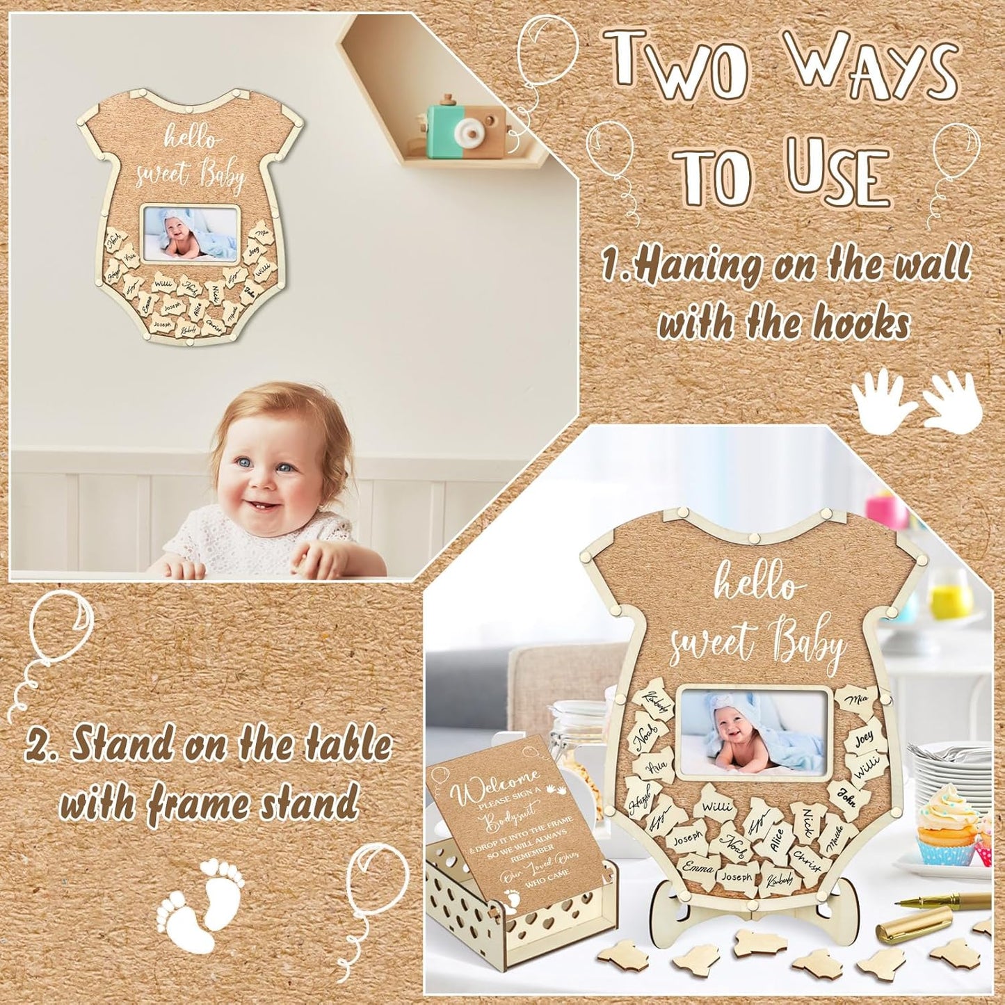 Wenqik 63 Pcs Bodysuit Baby Shower Guest Book Alternatives Set Baby Shower Decorations with Photo Frame Sonogram Frame Keepsake 60 Wood Slices Guest Book for Birthday