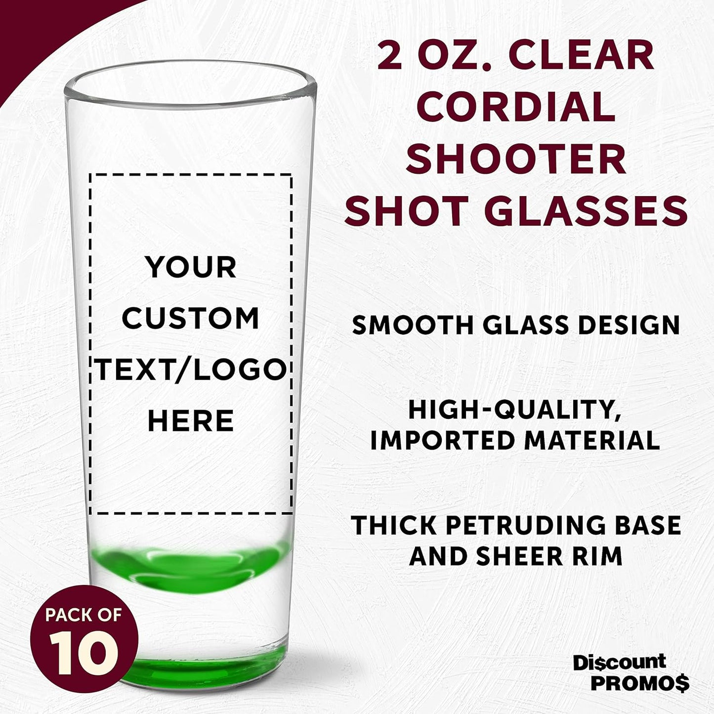 Custom Cordial Shooter Shot Glasses 2 oz. Set of 10, Personalized Bulk Pack - Great for Birthdays, Parties, Indoor & Outdoor Events - Green