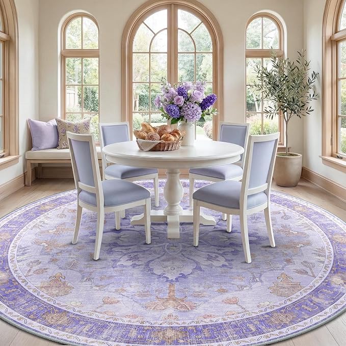 RELEANY Area Rugs Round 8ft Washable Non-Slip, Floral Vintage Distress Print - Image 2