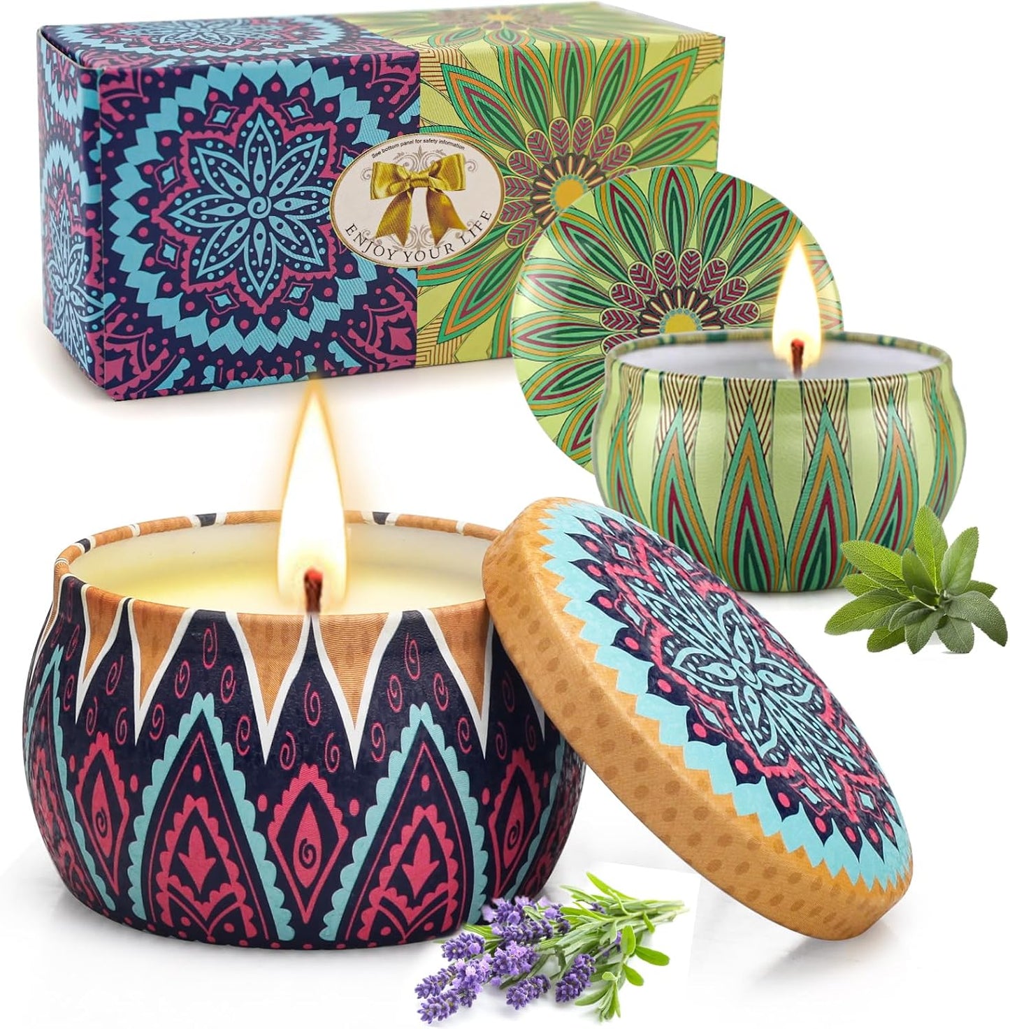 2 Pack Lavender, Sage Aromatherapy Soy Candles for Stress Relief, Relaxation - Over 50 Hours Burn Time, Home Scented, Stocking Stuffers