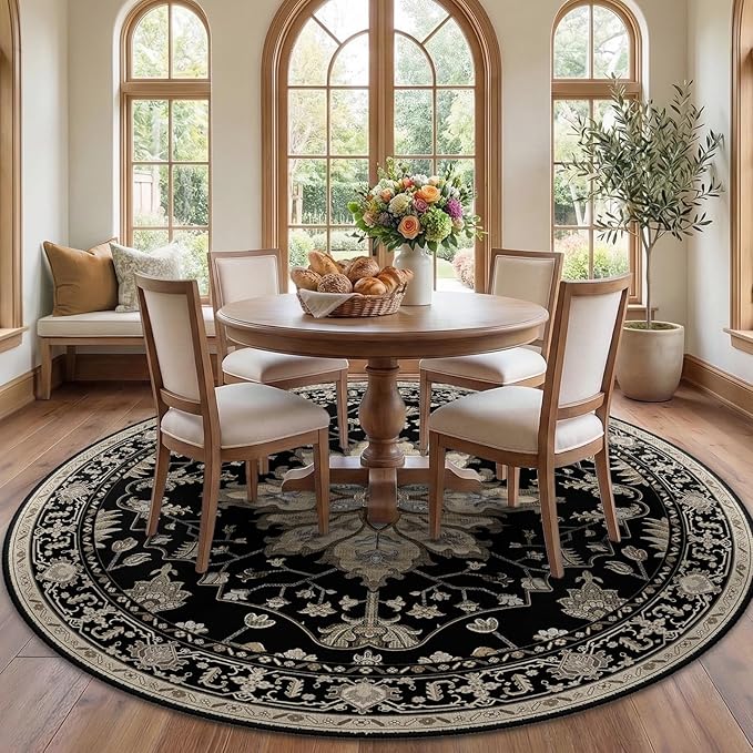 RELEANY Area Rugs Round 7ft Washable Non-Slip, Floral Vintage Distress Print by RELEANY