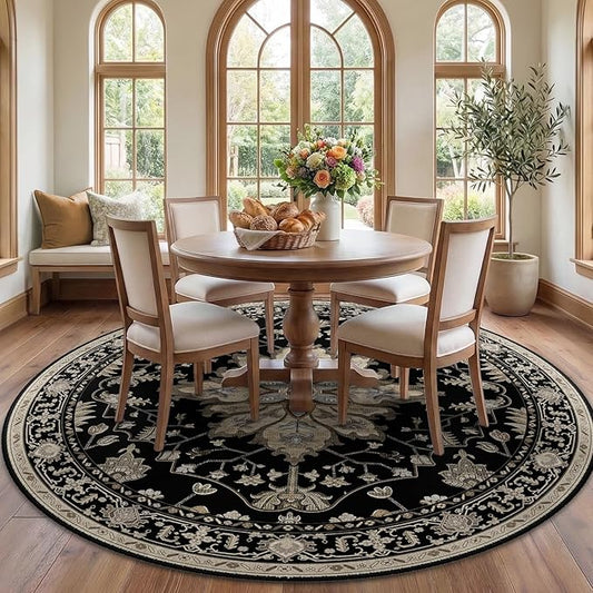 RELEANY Area Rugs Round 7ft Washable Non-Slip, Floral Vintage Distress Print by RELEANY