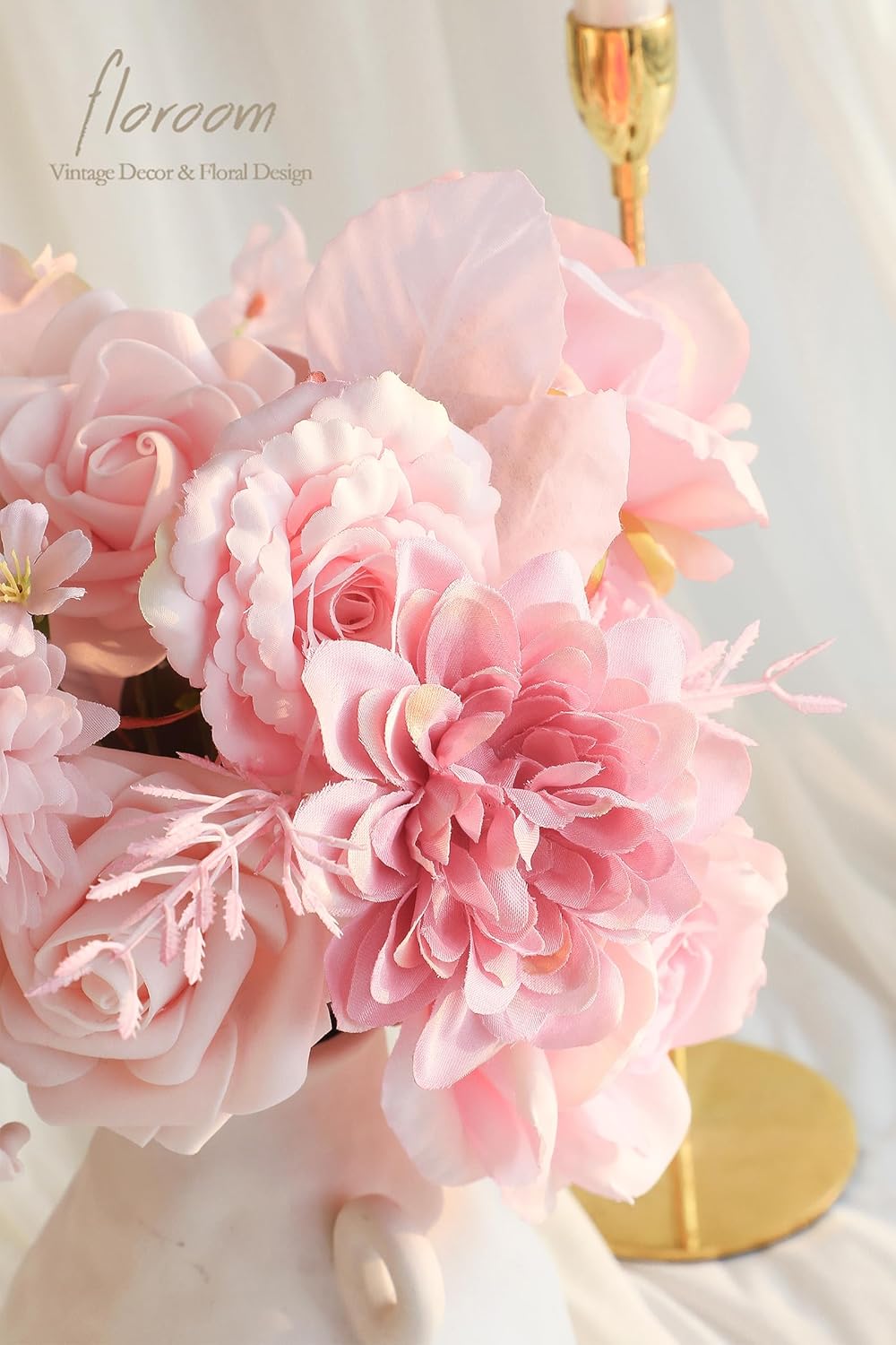 Floroom Blush Pink Artificial Flowers Fake Roses Peonies Dahlias and Greenery Combo Box Set for DIY Wedding Bouquets Bridal Shower Centerpieces Floral Arrangements Party Tables Home Decorations